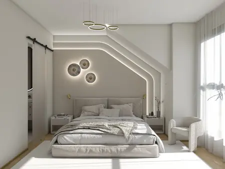 Wnętrze sypialni w stylu eklektycznym, glamour i japandi z minimalistycznymi detalami.