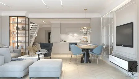 Współczesne wnętrze salonu z szarymi meblami, drewnianym stołem i eleganckimi dekoracjami.