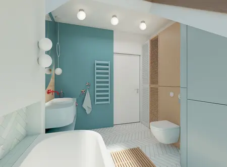Nowoczesna łazienka w stylu boho z niebieskimi ścianami i drewnianymi detalami.