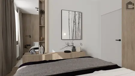 Wnętrze sypialni w stylu industrialnym i minimalistycznym z drewnem i szarością.
