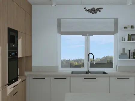 Kuchnia w stylu boho z drewnianymi meblami, minimalistycznym wystrojem i naturalnym światłem.