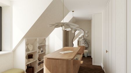Wnętrze w stylu art deco i soft minimalizm z drewnianym biurkiem