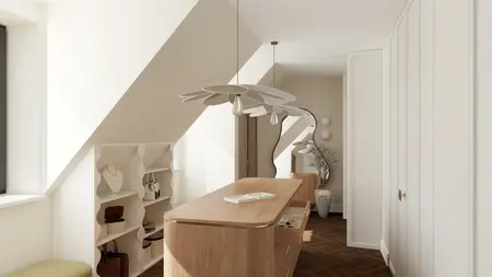Wnętrze w stylu art deco i soft minimalizm z drewnianym biurkiem