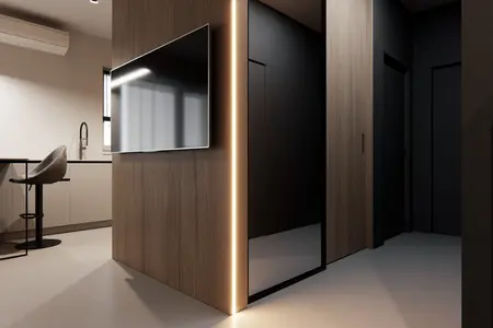 Eklektyczne wnętrze kuchni z minimalistycznym biurkiem i telewizorem.