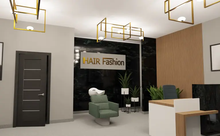 Recepcja salonu fryzjerskiego w stylu glamour i industrialnym z zielonymi fotelami.