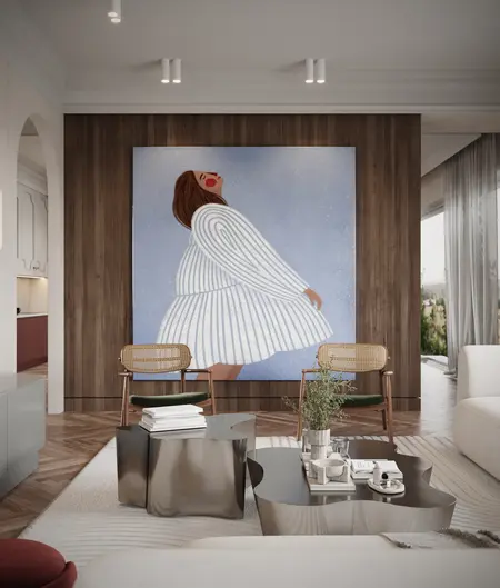 Współczesny salon z obrazem, drewnianymi meblami i eleganckimi detalami.