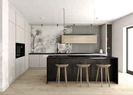 Kuchnia eklektyczna z minimalistycznym wykończeniem, nowoczesne meble i quiet luxury.