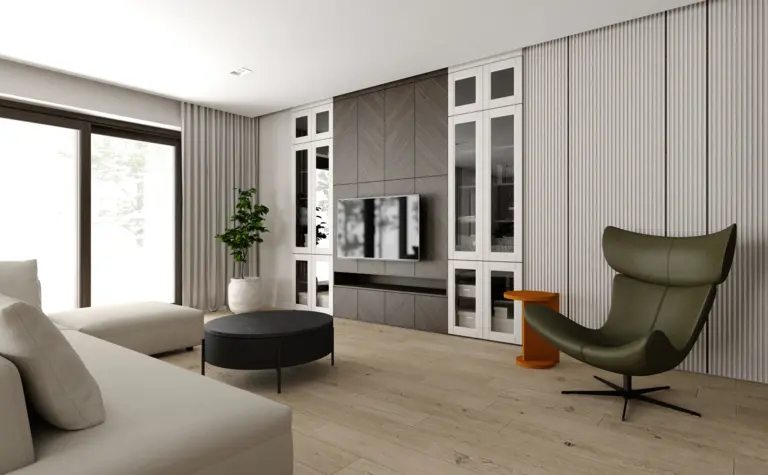 Wnętrze salonu w stylu eklektycznym z minimalistycznym fotelem i drewnianą podłogą.