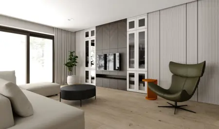 Wnętrze salonu w stylu eklektycznym z minimalistycznym fotelem i drewnianą podłogą.