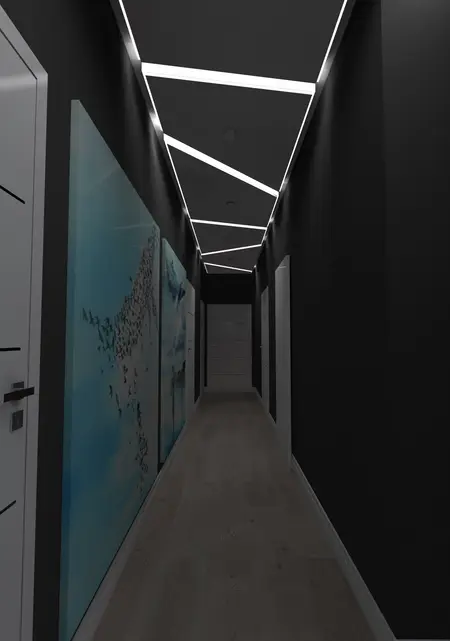 Korytarz z nowoczesnym oświetleniem LED, ścianami w kolorze czarnym i obrazami.