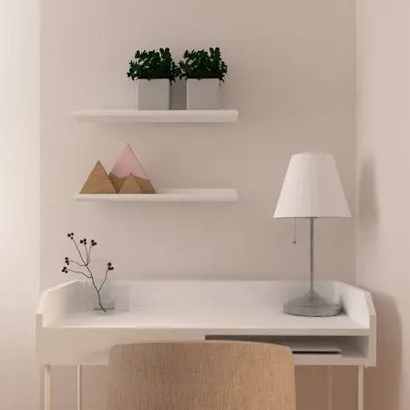 Minimalistyczne biuro z białym biurkiem, lampą i roślinami.