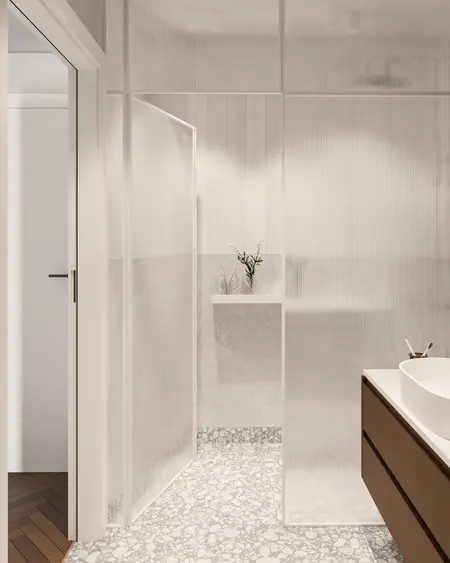 Nowoczesna łazienka z białą kabiną prysznicową, minimalistycznym wykończeniem, styl art deco, vintage.