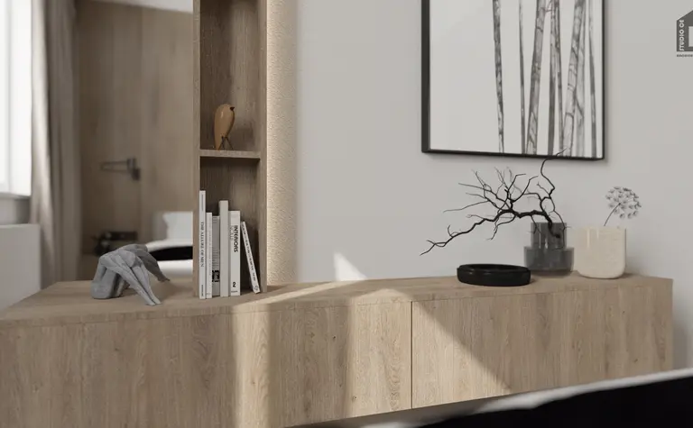 Nowoczesne wnętrze z drewnianą komodą, minimalistycznymi akcentami oraz dodatkami w stylu industrialnym.