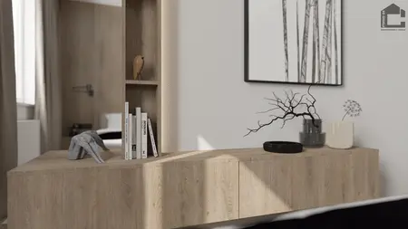Nowoczesne wnętrze z drewnianą komodą, minimalistycznymi akcentami oraz dodatkami w stylu industrialnym.