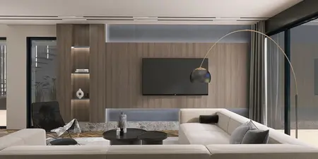 Wnętrze salonu minimalistycznego z drewnianą ścianą i nowoczesnymi meblami.