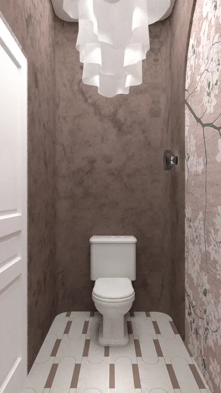Toaleta z brązowymi ścianami, białą armaturą i podłogą w stylu art deco, minimaluxe i quiet luxury.