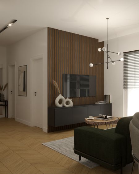 Wnętrze salonu w stylu industrialnym z minimalistycznymi akcentami, nowoczesne meble.
