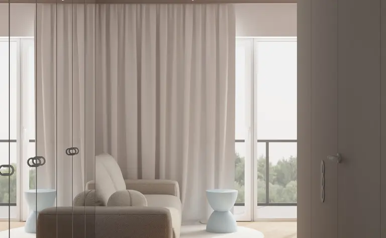 Wnętrze eklektycznego salonu z nowoczesnymi akcentami, beżowa sofa i brązowa podłoga.