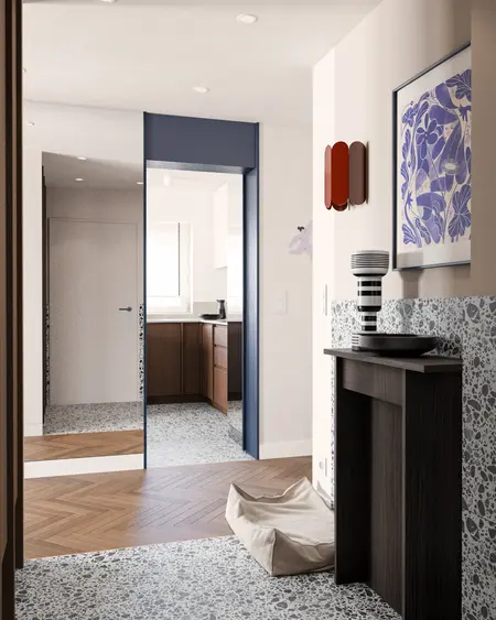 Wnętrze przedpokoju w stylu art deco, minimalistycznym, vintage z elementami eklektycznymi.