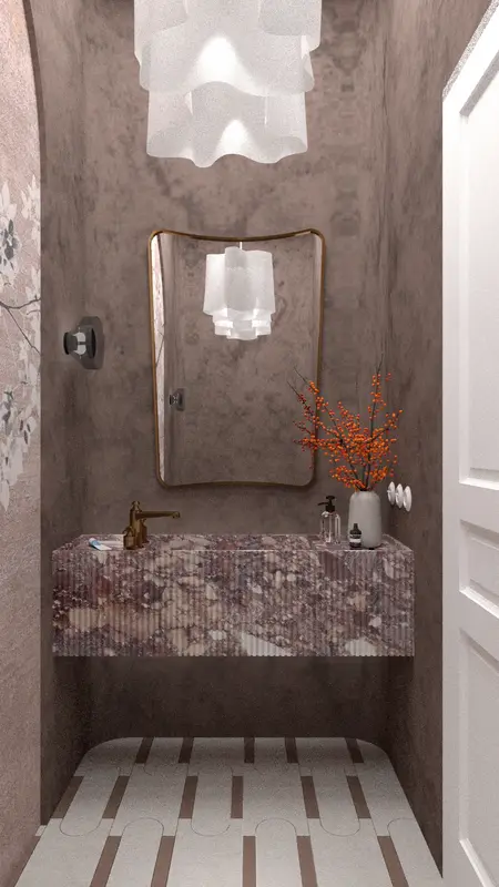Wnętrze łazienki z marmurową umywalką, lampą i dekoracyjnymi akcentami w stylu art deco, minimaluxe, quiet luxury.
