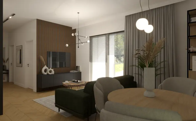 Wnętrze w stylu industrialnym z minimalistycznym akcentem, nowoczesny salon z drewnianymi detalami.