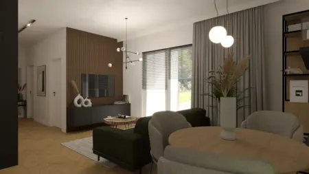 Wnętrze w stylu industrialnym z minimalistycznym akcentem, nowoczesny salon z drewnianymi detalami.