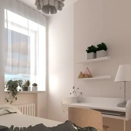 Minimalistyczny pokój z białymi ścianami, biurkiem i roślinami, styl soft minimalizm