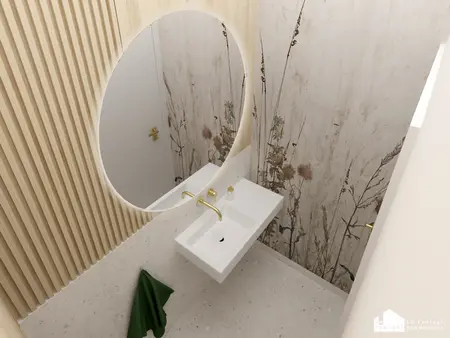 Nowoczesna łazienka w stylu skandynawskim z drewnianymi detalami.
