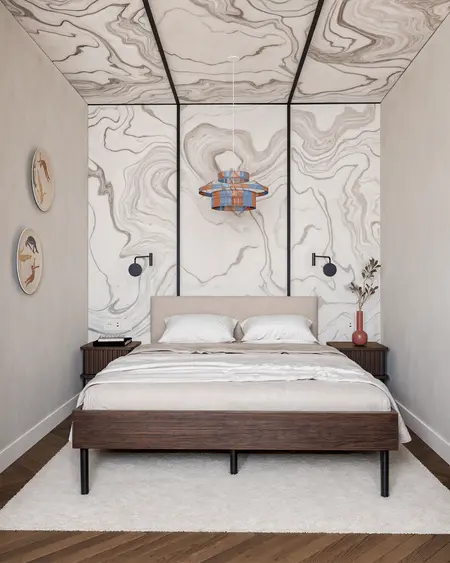 Sypialnia z łóżkiem, minimalistycznym oświetleniem i ścianą w stylu art deco