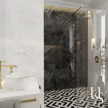 Nowoczesna łazienka w stylu art deco, glamour i quiet luxury z eleganckimi akcentami.