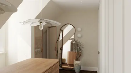 Wnętrze poddasza w stylu art deco, eklektycznym i soft minimalizm z drewnianymi akcentami.