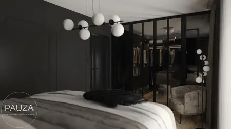 Wnętrze nowoczesnej sypialni z ciemnymi ścianami, jasnym łóżkiem i eleganckimi detalami.