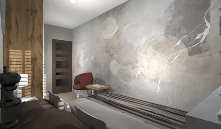 Wnętrze sypialni w stylu japandi i minimalistycznym z drewnianymi akcentami.