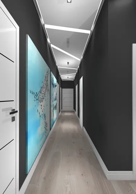 Korytarz z niebieskimi obrazami, białymi drzwiami, w stylu dopamine decor, industrialnym i skandynawskim.