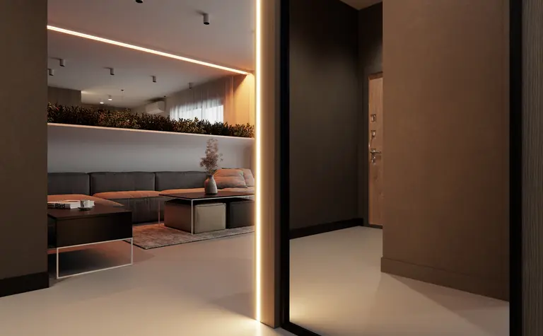 Eklektyczne wnętrze salonu z minimalistycznym designem, miękkim minimalizmem i roślinnymi akcentami.