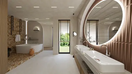 Nowoczesna łazienka w stylu boho i japandi z dużą wanną i podwójną umywalką.