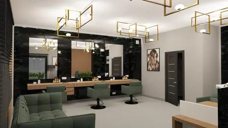 Wnętrze gabinetu w stylu glamour i industrialnym z zielonymi fotelami
