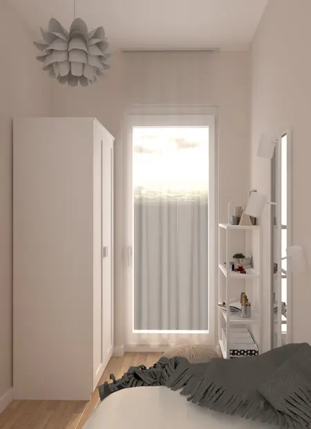 Wnętrze pokoju z minimalistycznym wystrojem, białą szafą i zasłonami, styl soft minimalizm.