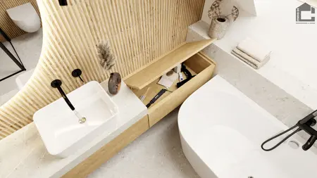 Wnętrze łazienki minimalistycznej z białą wanną i drewnianymi detalami