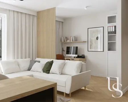 Minimalistyczny i nowoczesny salon z białą sofą oraz biurkiem.