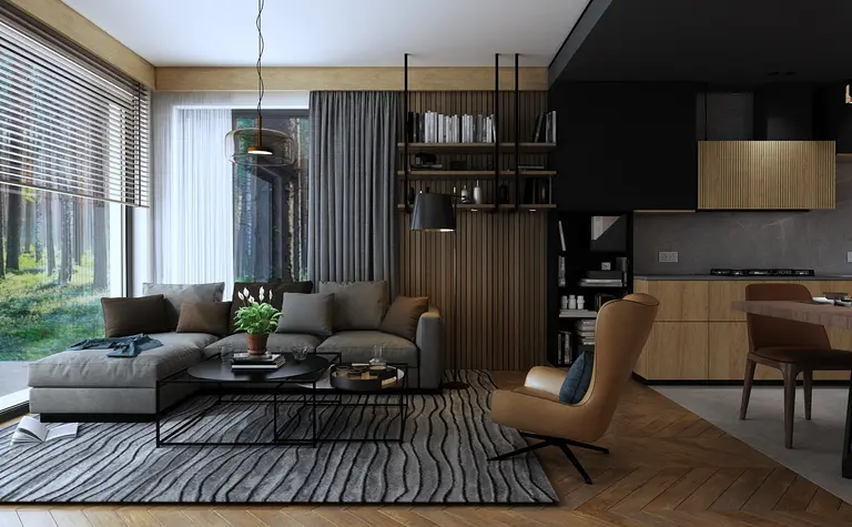 Wnętrze salonu z elementami industrialnymi, nowoczesnymi i współczesnymi.