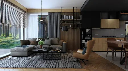 Wnętrze salonu z elementami industrialnymi, nowoczesnymi i współczesnymi.