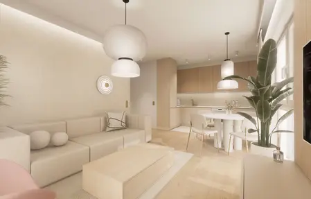 Wnętrze salonu w stylu japandi, minimalistycznym, nowoczesnym, quiet luxury.