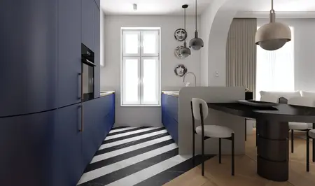Wnętrze kuchni z granatowymi meblami, czarnym blatem i nowoczesnymi lampami