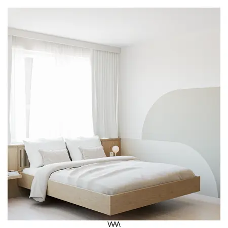 Wnętrze sypialni w stylu japandi z minimalistycznym łóżkiem i nowoczesnymi detalami.