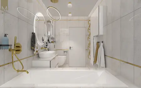 Stylowa łazienka w stylu boho, glamour i nowoczesnym z złotymi detalami.