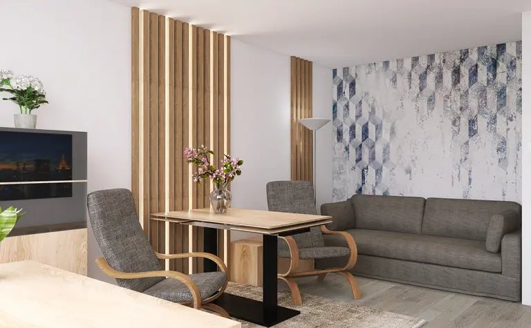 Wnętrze salonu w stylach eklektycznym, minimalistycznym i tradycyjnym, z drewnianymi detalami.