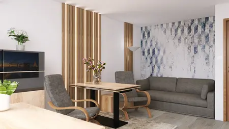 Wnętrze salonu w stylach eklektycznym, minimalistycznym i tradycyjnym, z drewnianymi detalami.
