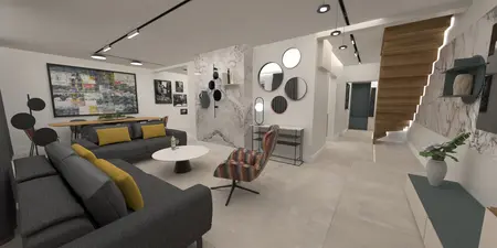 Wnętrze salonu w stylu dopamine decor, industrialnym, japandi, minimaluxe, nowoczesnym, quiet luxury, współczesnym z szarymi meblami i drewnianymi akcentami.