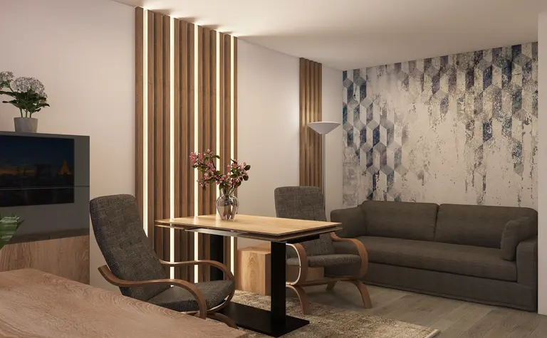 Salon w stylu eklektycznym z minimalistycznymi i tradycyjnymi elementami.